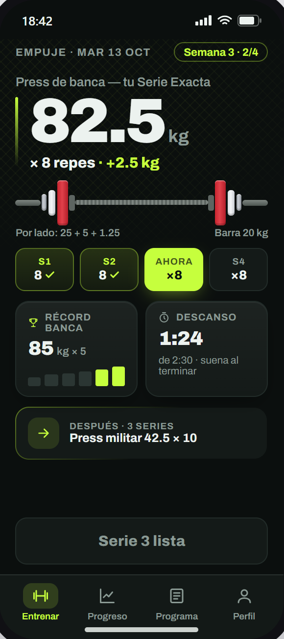 Pantalla de entrenamiento con la Serie Exacta de 82.5 kg y los discos de la barra